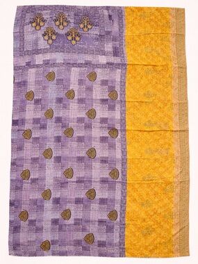 Kantha Throw Quilt Reversible Yellow Pink Purple Cotton 50 x 84 NWOT